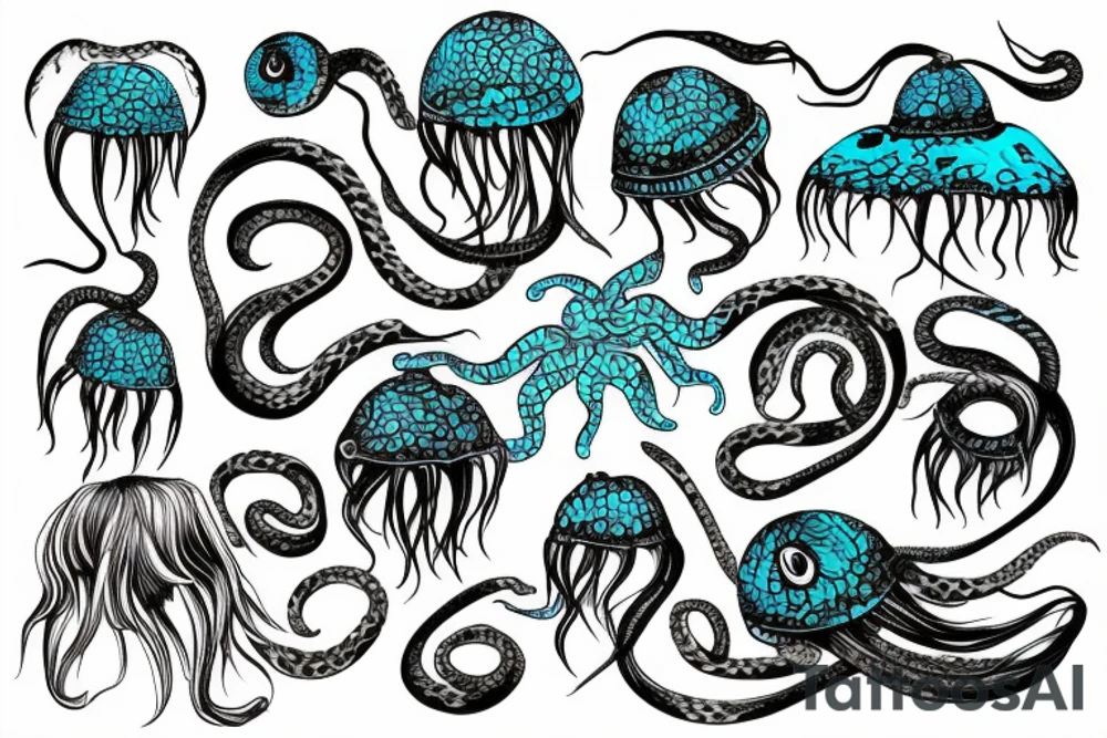 man jellyfish gargona with snakes from the head m turquoise tints like sunset tattoo idea