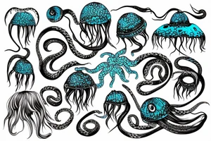 man jellyfish gargona with snakes from the head m turquoise tints like sunset tattoo idea