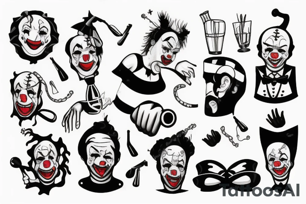 Alcoholic clown wearing wife beater tattoo idea