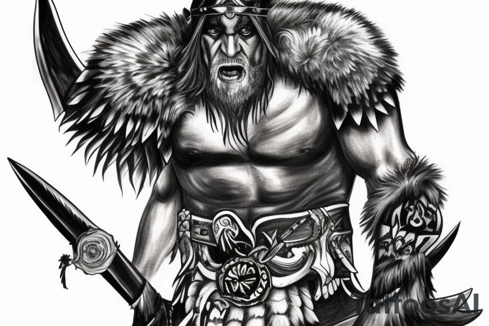 raven viking ax warrior with a furious look tattoo idea