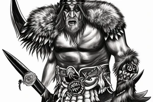 raven viking ax warrior with a furious look tattoo idea