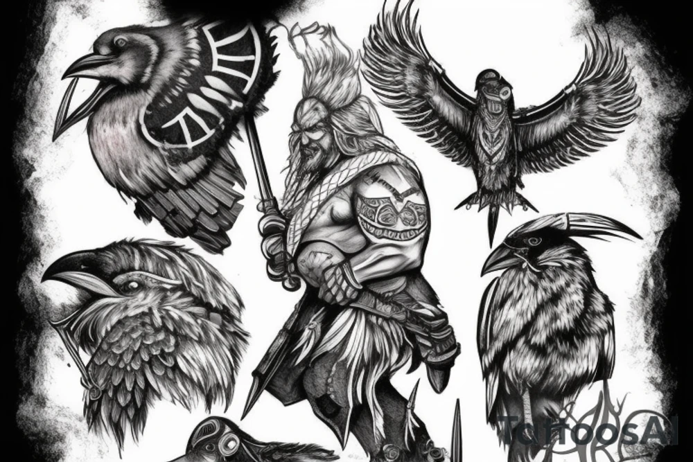 raven viking ax warrior with a furious look tattoo idea