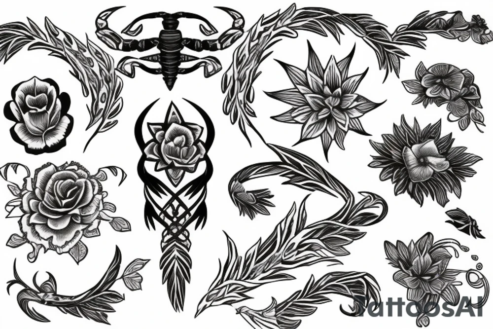 Spine tattoo of a zodiac Scorpio sign with pretty flowers and lines tattoo idea
