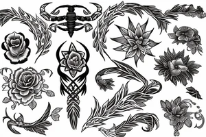 Spine tattoo of a zodiac Scorpio sign with pretty flowers and lines tattoo idea