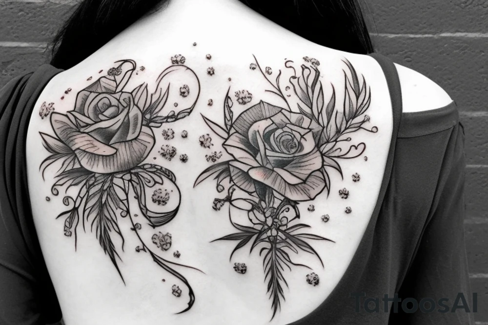 Spine tattoo of a zodiac Scorpio sign with pretty flowers and lines tattoo idea