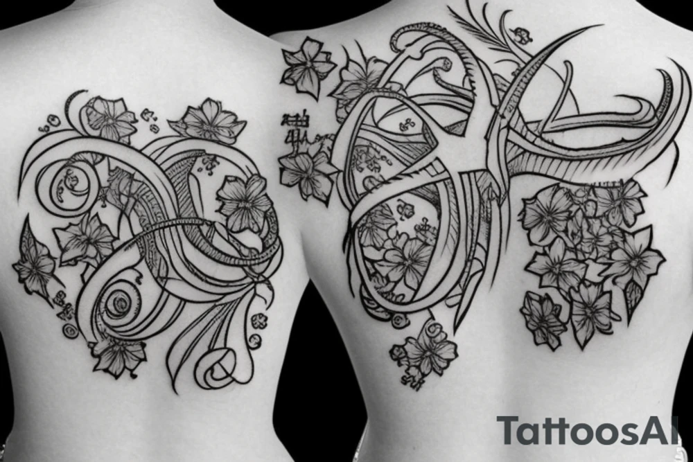 Spine tattoo of a zodiac Scorpio sign with pretty flowers and lines tattoo idea