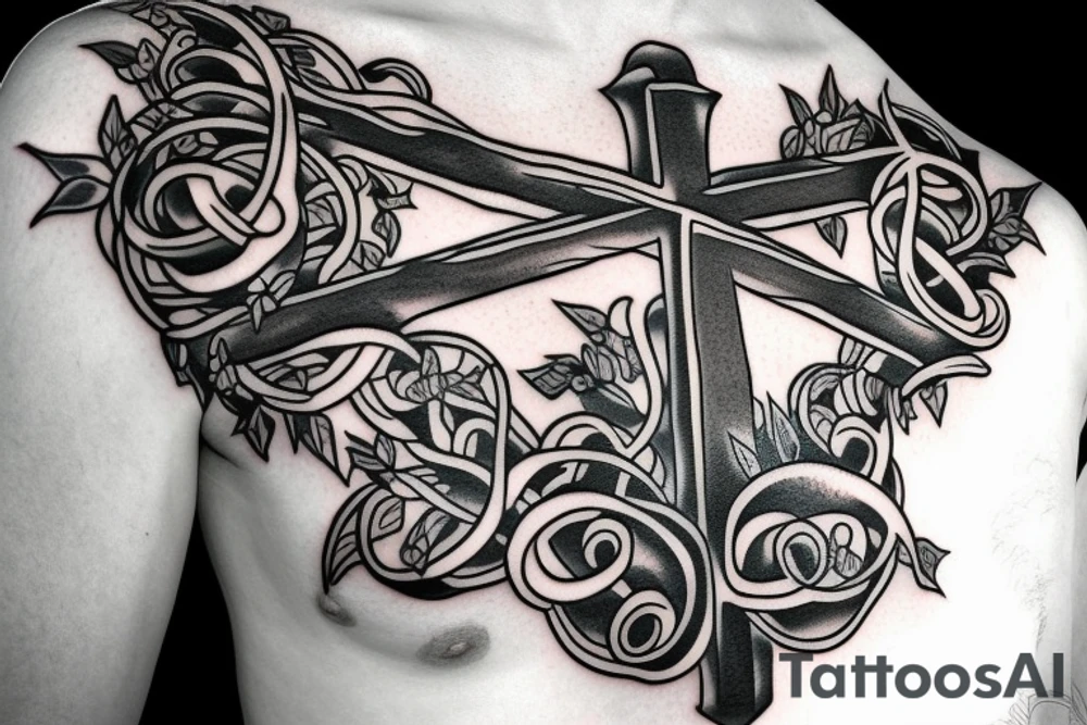 Cross with vines & angels tattoo idea