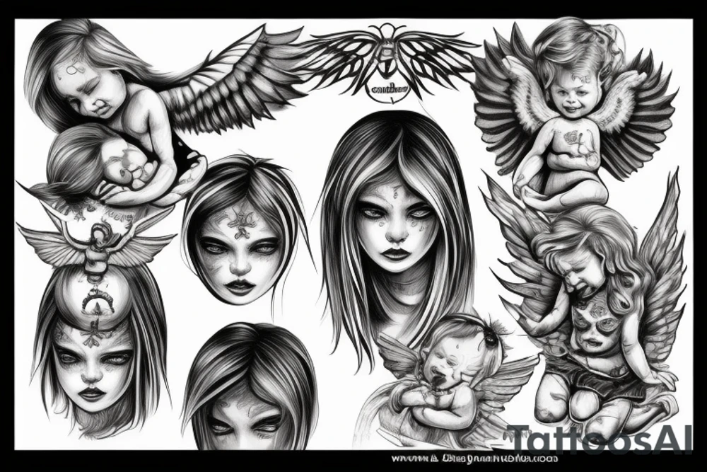 baby angel with demons tattoo idea