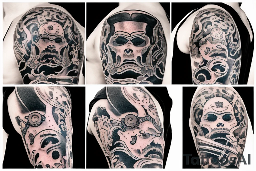 A morbid looking tattoo of a samurai with the numbers 510 tattoo idea