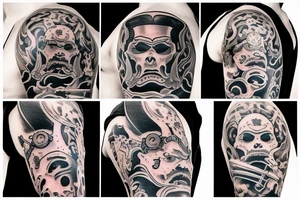 A morbid looking tattoo of a samurai with the numbers 510 tattoo idea