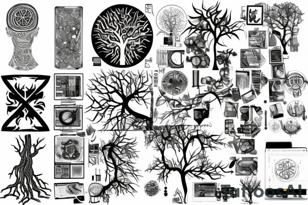 A tree of life build out of one’s and zeros dark and computer science hacker stuff tattoo idea