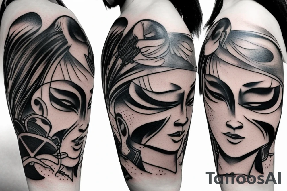 samurai girl with mask tattoo idea