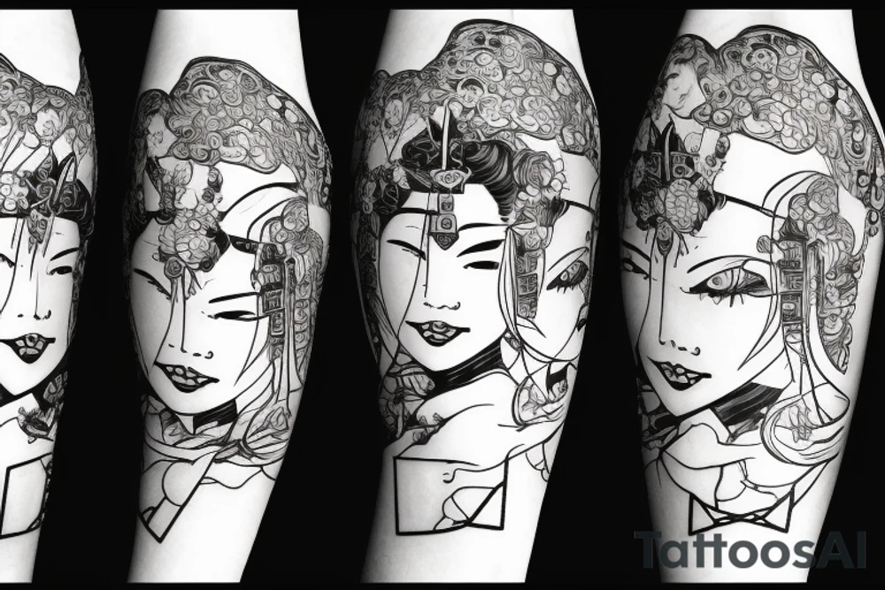 samurai girl with castle on background tattoo idea