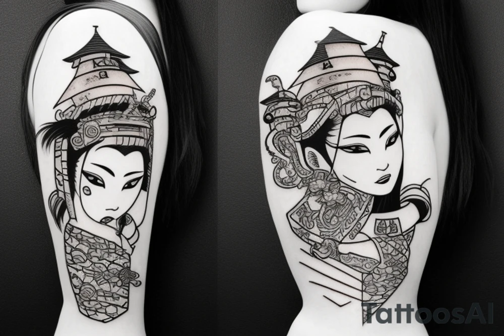 samurai girl with castle on background tattoo idea