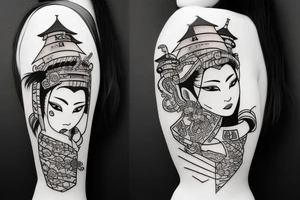 samurai girl with castle on background tattoo idea
