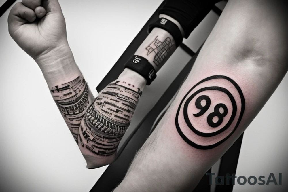 Number 8 like on a baseball jersey with nice background detail. There is a rubber bracelet layed over it as well tattoo idea