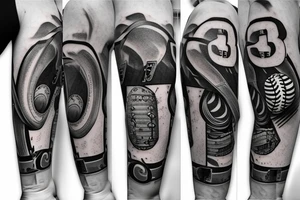 Number 8 like on a baseball jersey with nice background detail. There is a rubber bracelet layed over it as well tattoo idea