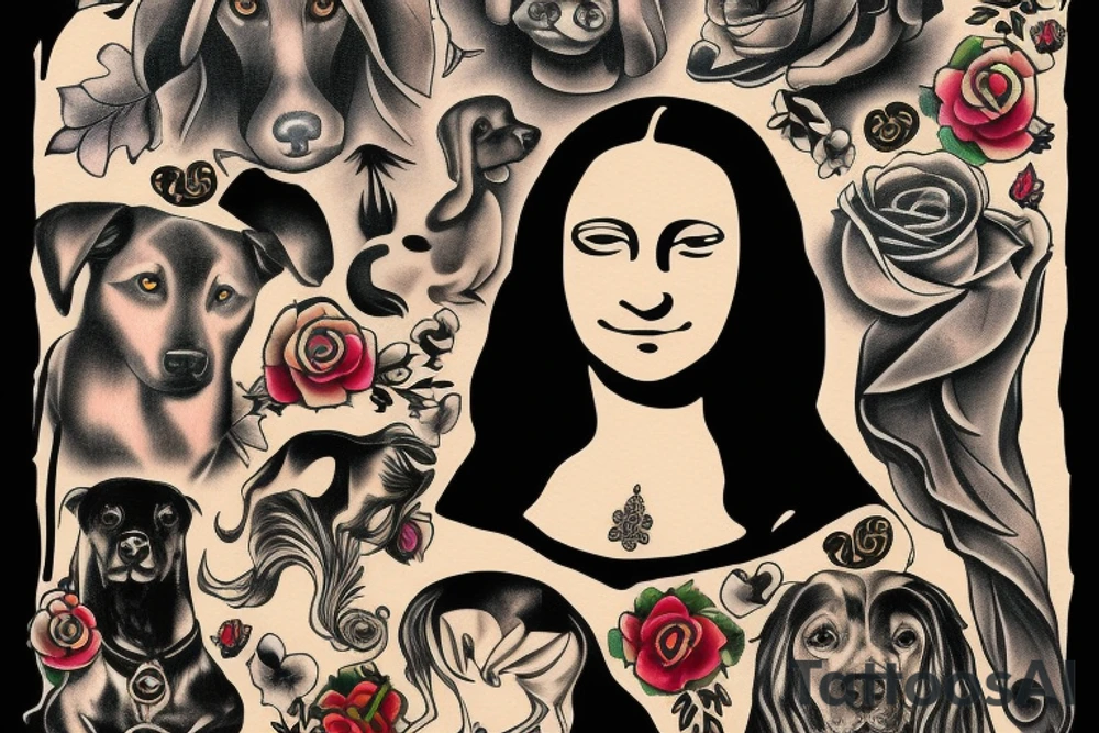 black dog with mona lisa tattoo idea