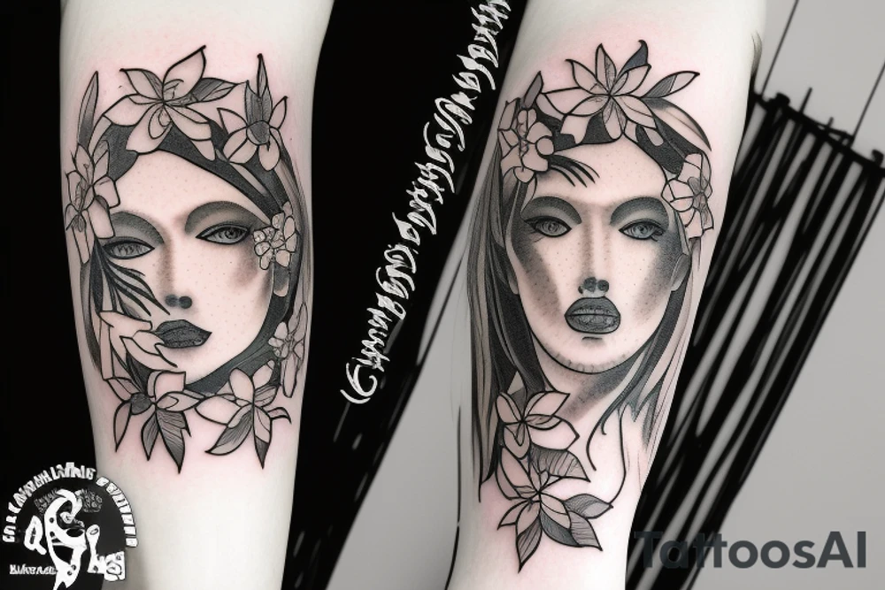 The name "Amelia" surrounded by a wreath of Narcissus flowers tattoo idea