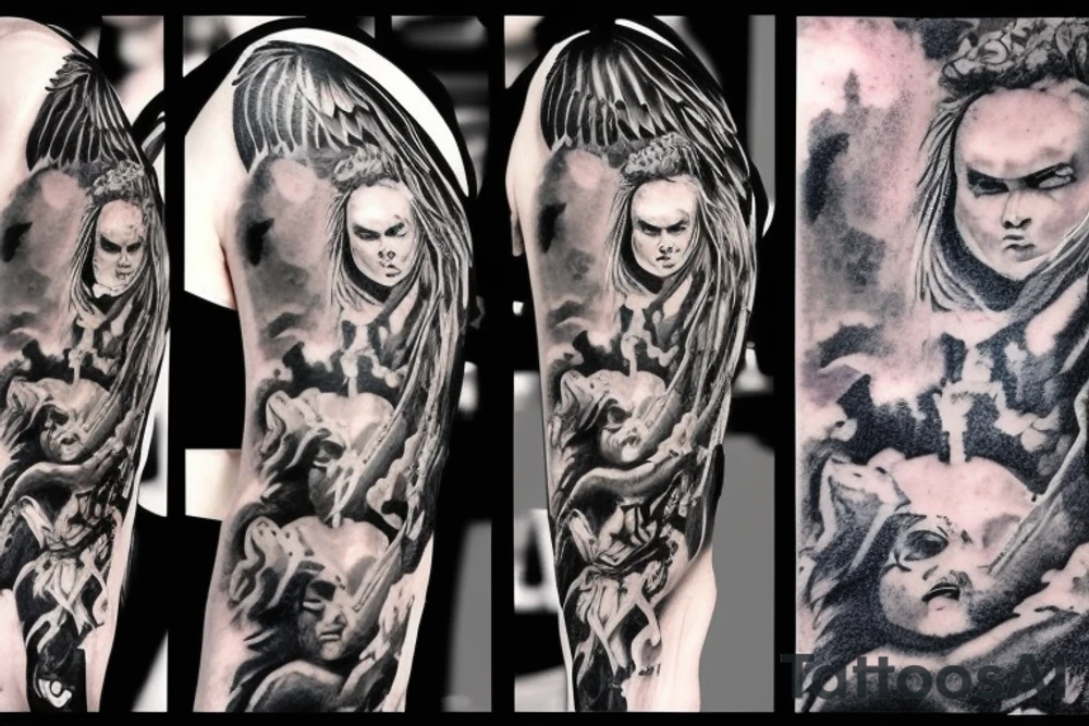 Angel fighting With devil Good vs evil heaven and hell angels Demons stairway to Heaven archangel guardian angel tattoo idea