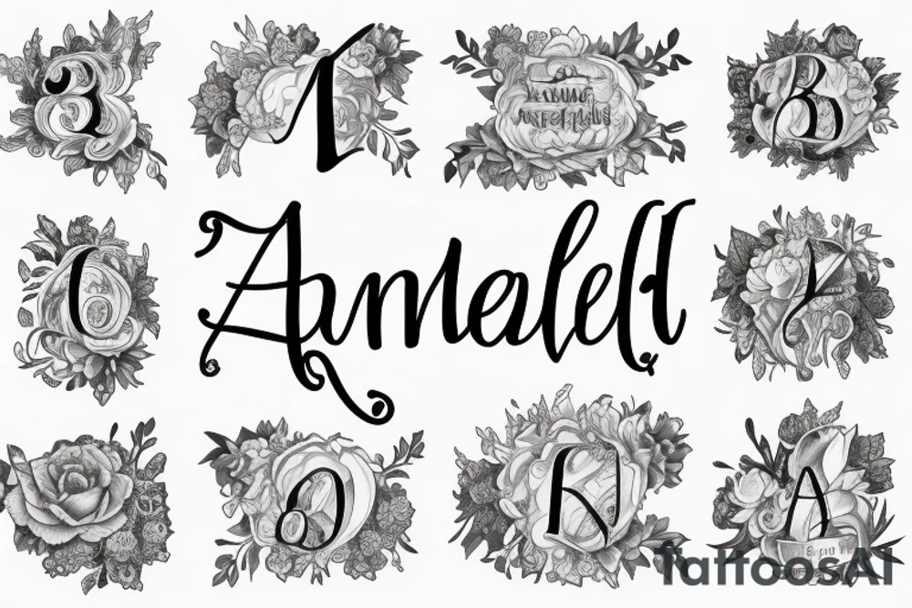 The name Amelia spelled out in fancy font, surrounded by narcissus flowers tattoo idea
