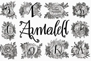 The name Amelia spelled out in fancy font, surrounded by narcissus flowers tattoo idea