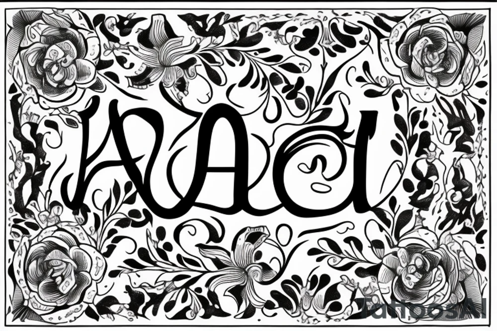 The name Amelia spelled out in fancy font, surrounded by narcissus flowers tattoo idea
