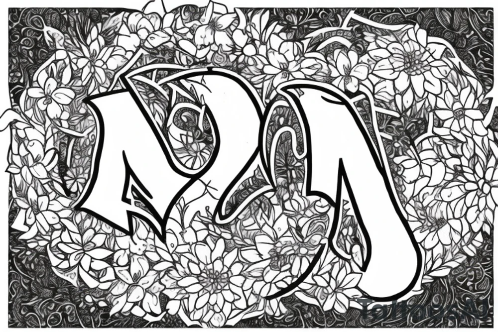 The name Amelia spelled out in fancy font, surrounded by a circle wreath of narcissus flowers tattoo idea