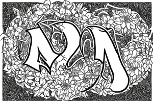 The name Amelia spelled out in fancy font, surrounded by a circle wreath of narcissus flowers tattoo idea
