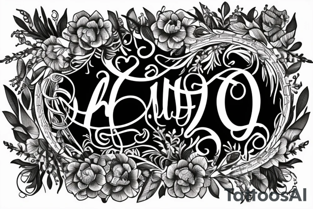 The name Amelia spelled out in fancy font, surrounded by a circle wreath of narcissus flowers tattoo idea