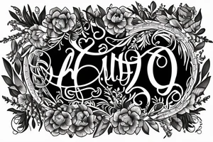 The name Amelia spelled out in fancy font, surrounded by a circle wreath of narcissus flowers tattoo idea