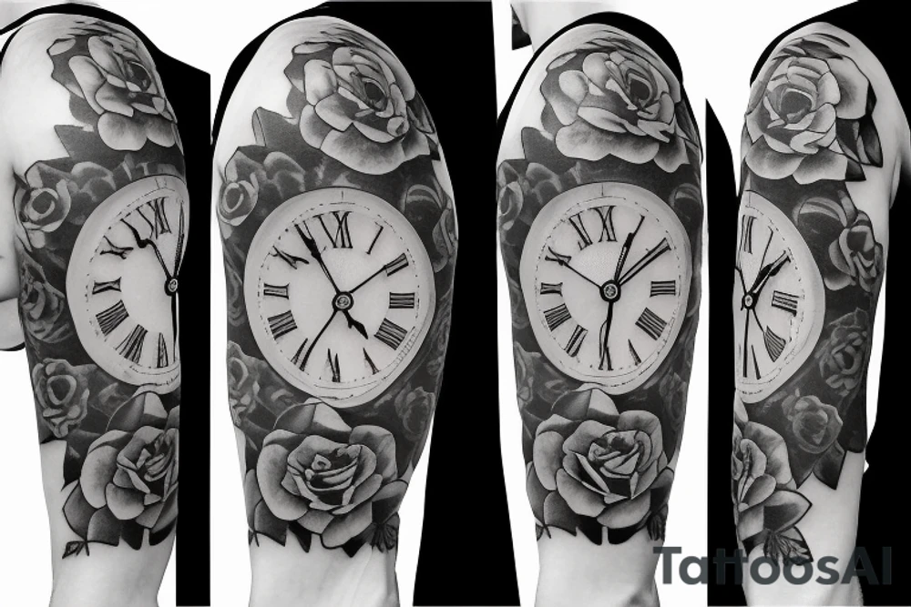 half sleeve tattoo with roses and clock and datebirths tattoo idea