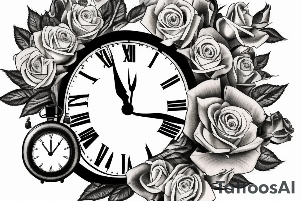 half sleeve tattoo with roses and clock and datebirths tattoo idea