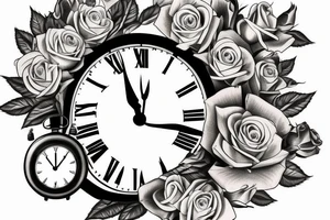 half sleeve tattoo with roses and clock and datebirths tattoo idea