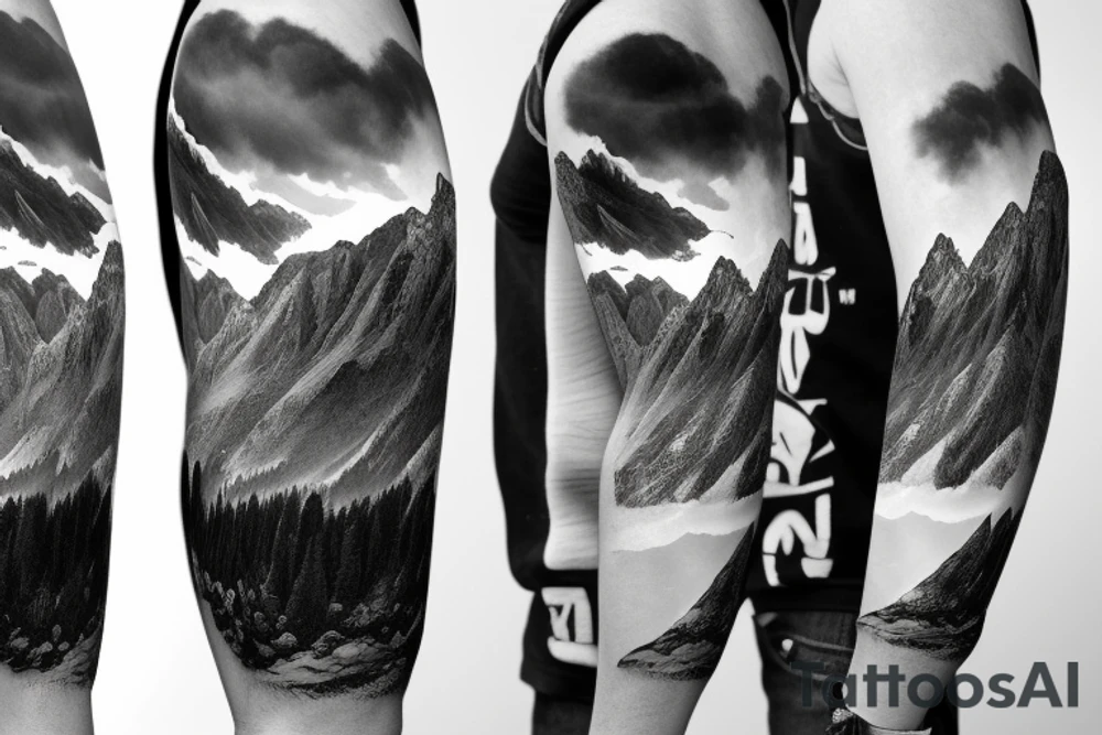 Mountains, snowboard, cloud with Lightning, family, Timelaps tattoo idea