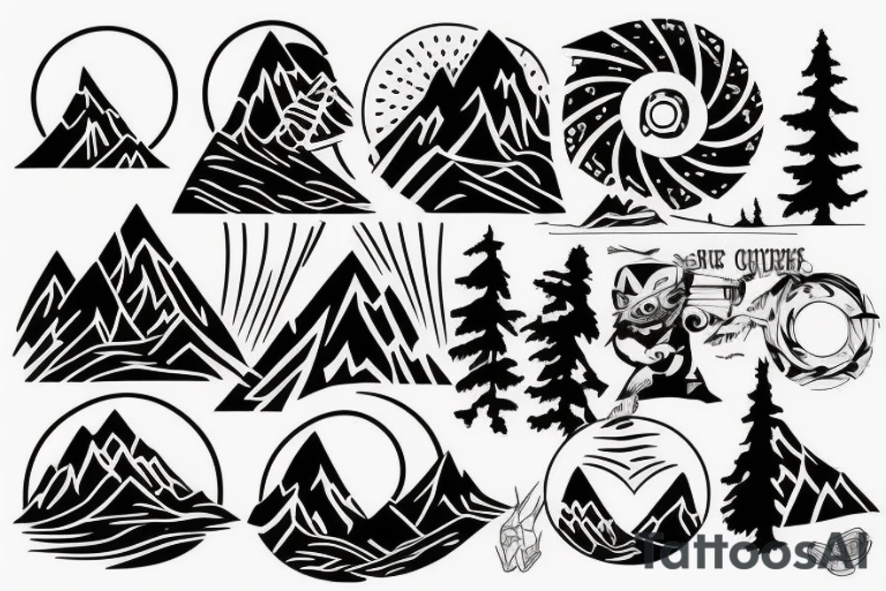 Circle, mountains, snowboard tattoo idea