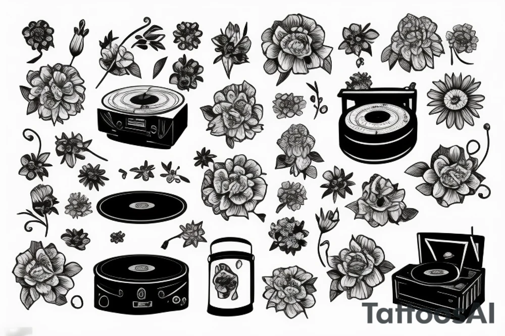 record player with flowers tattoo idea