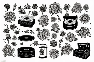 record player with flowers tattoo idea