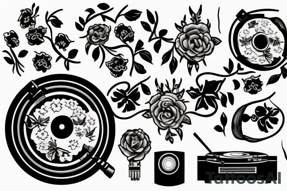 record player with flowers tattoo idea