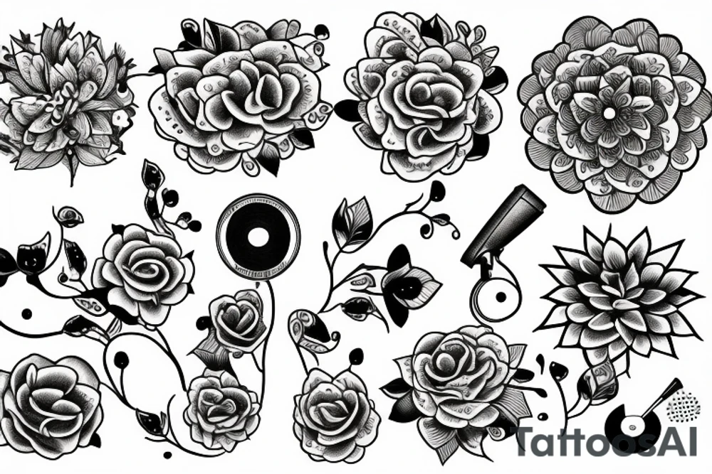 record player morphing into flowers tattoo idea