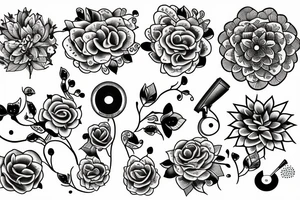 record player morphing into flowers tattoo idea