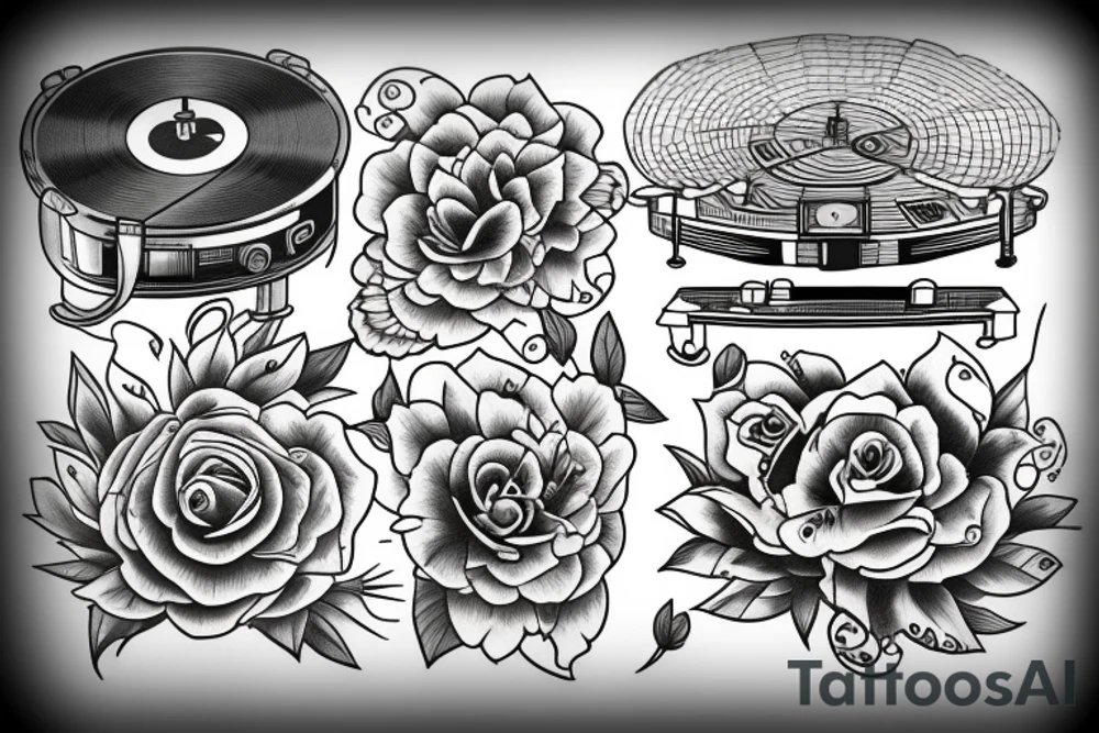 record player morphing into flowers tattoo idea