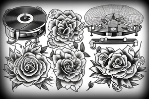 record player morphing into flowers tattoo idea