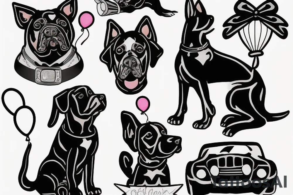 black dog holding balloon on a car tattoo idea