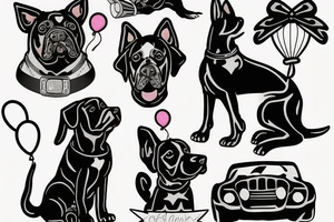 black dog holding balloon on a car tattoo idea