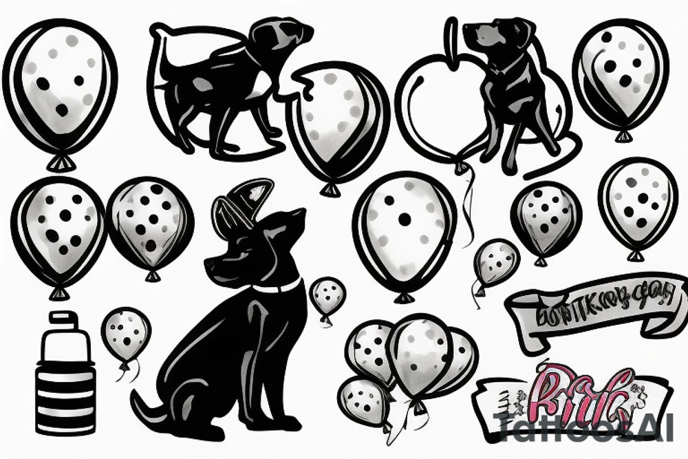black dog holding balloon on a car tattoo idea