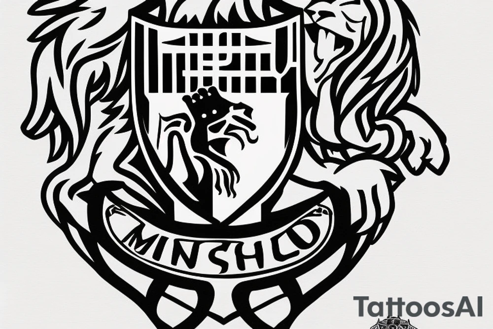 A lion holding a shield with the coat of arms of Manchester United, with the words "United" below it tattoo idea