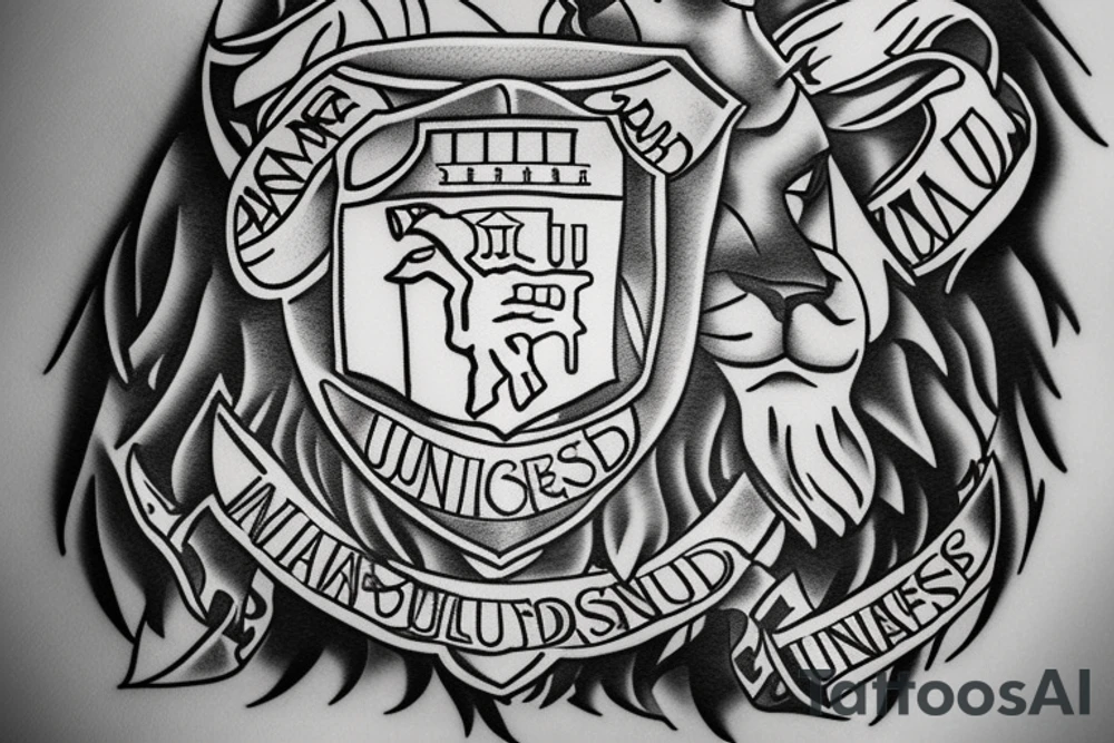 A lion holding a shield with the coat of arms of Manchester United, with the words "United" below it tattoo idea
