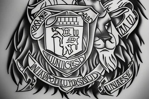 A lion holding a shield with the coat of arms of Manchester United, with the words "United" below it tattoo idea