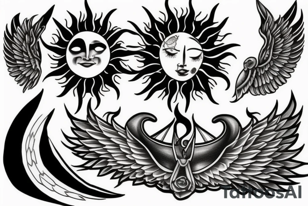 Sun spiraling with wings tattoo idea
